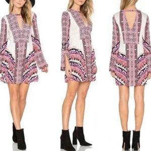 Free People Women's Tegan Border Printed Mini Dress Boho Long Sleeve Size 12